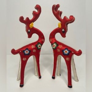 Vintage Embroidered Red Satin Pair of Japanese Reindeer